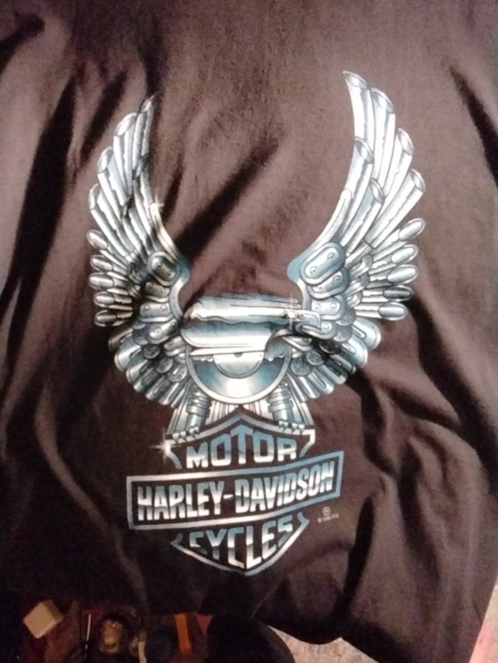 Harley-Davidson Black Tee with Metallic Silver and Light Blue Wing Emblem Xl